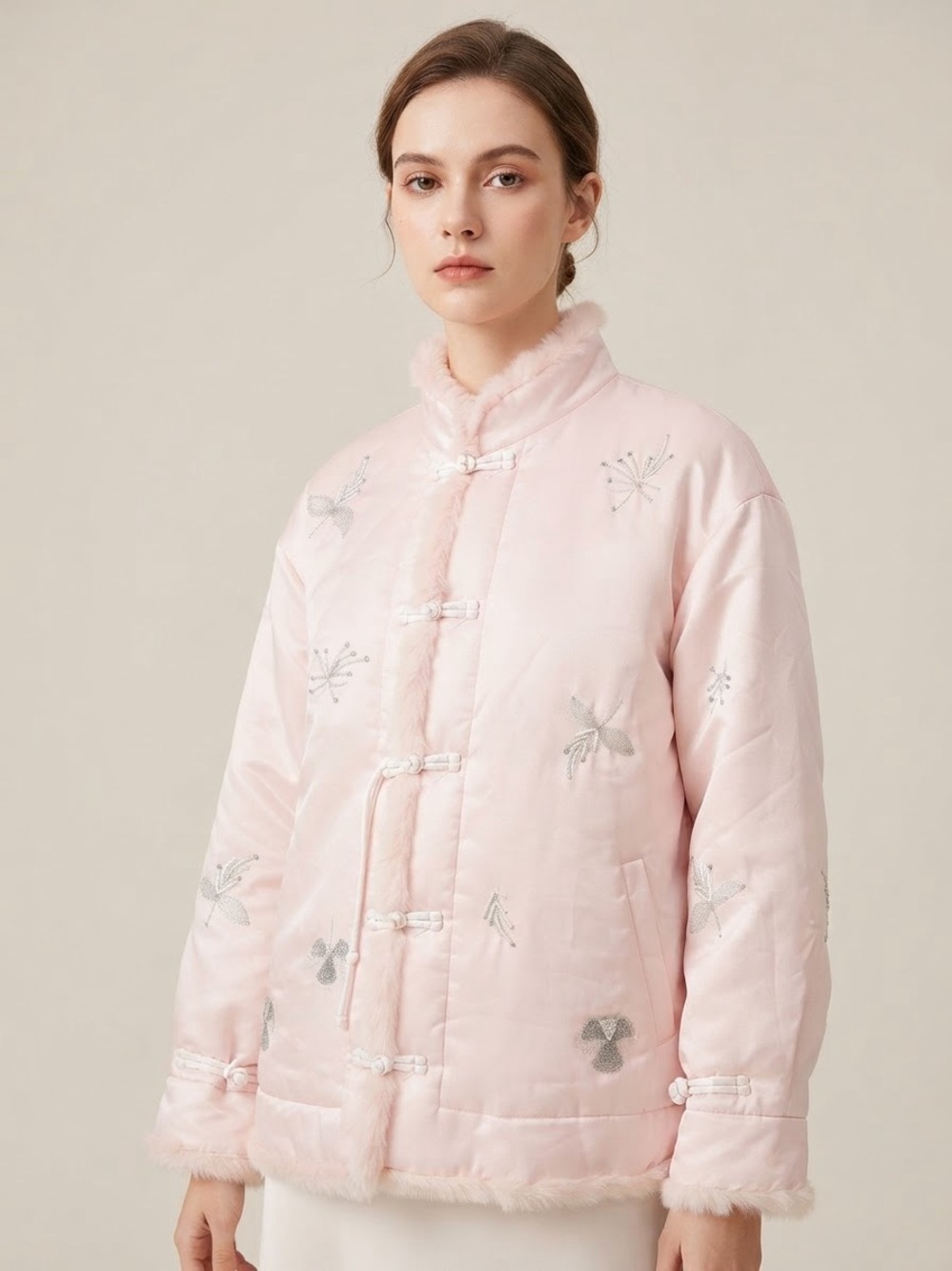 Mink Fur Trim Pink Embroidered Quilted Jacket with Goose Down Filling